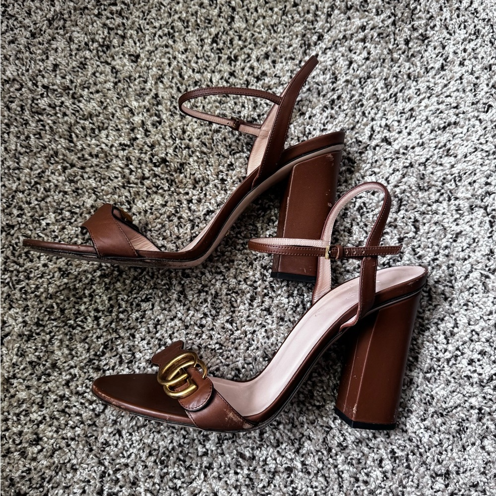Gucci Brown Leather Block Heel Sandals